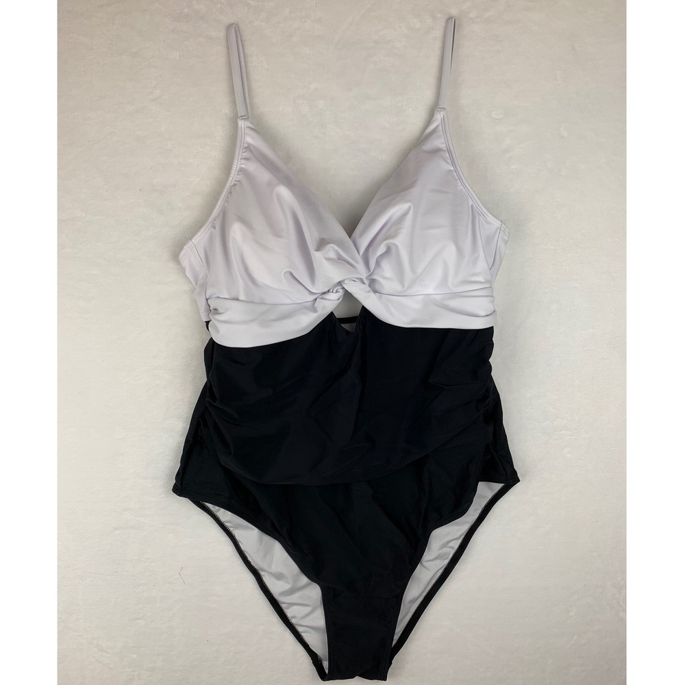 NWT Cupshe One Piece Swimsuit Black White Twist Front Cutout Ruched Size Large